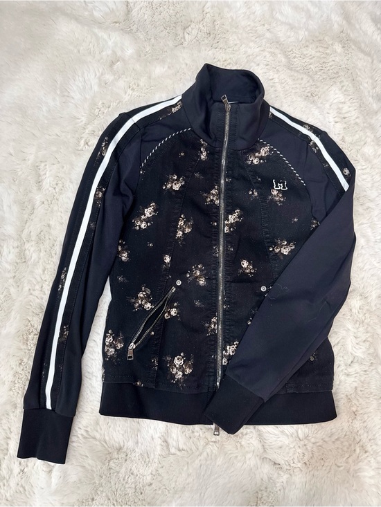 Marc Cain Tops - Marc Cain size1/ US 2 Black Floral Track Jacket with White Stripes